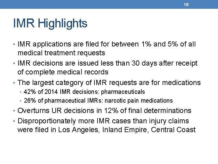 19 IMR Highlights • IMR applications are filed for between 1% and 5% of