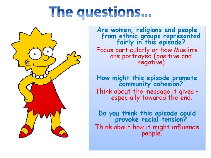 Are women, religions and people from ethnic groups represented fairly in this episode? Focus
