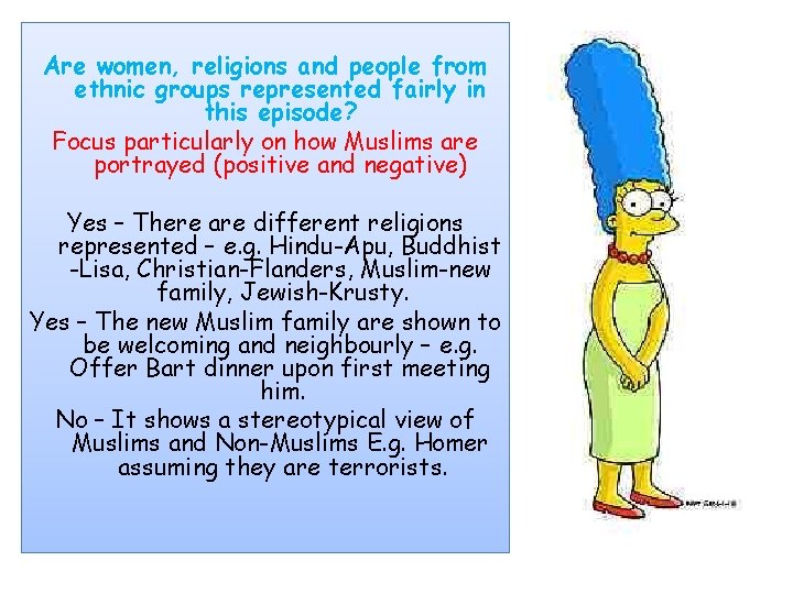 Are women, religions and people from ethnic groups represented fairly in this episode? Focus