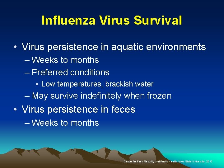 Influenza Virus Survival • Virus persistence in aquatic environments – Weeks to months –
