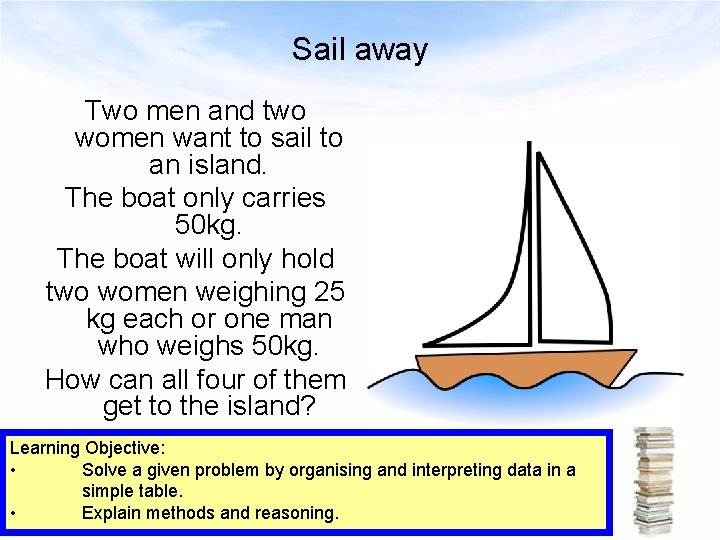 Sail away Two men and two women want to sail to an island. The