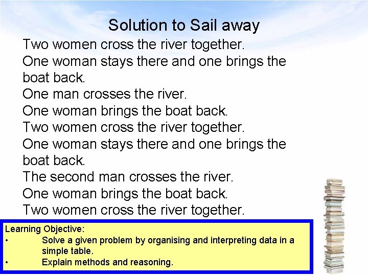Solution to Sail away Two women cross the river together. One woman stays there