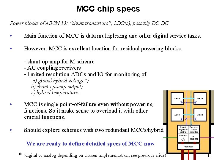 MCC chip specs Power blocks of ABCN-13: “shunt transistors”, LDO(s), possibly DC-DC • Main