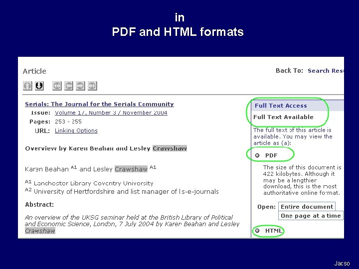 in PDF and HTML formats Jacso 