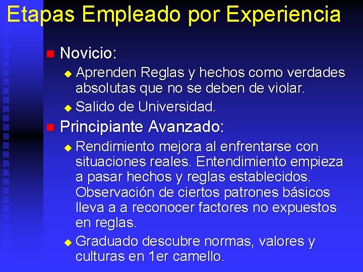 Etapas Empleado por Experiencia n Novicio: Aprenden Reglas y hechos como verdades absolutas que