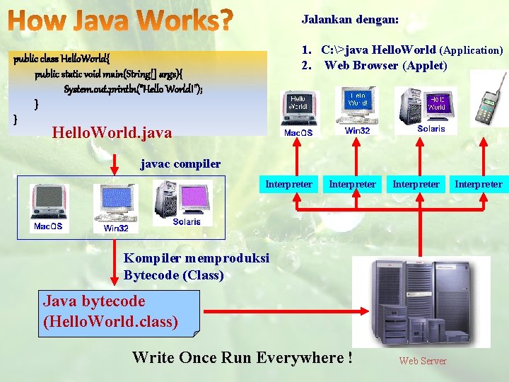 Jalankan dengan: 1. C: >java Hello. World (Application) 2. Web Browser (Applet) public class