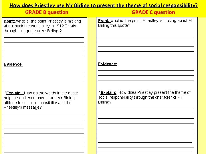 How does Priestley use Mr Birling to present theme of social responsibility? GRADE B