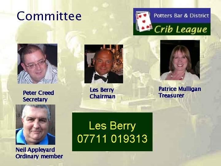 Committee Peter Creed Secretary Les Berry Chairman Les Berry 07711 019313 Neil Appleyard Ordinary