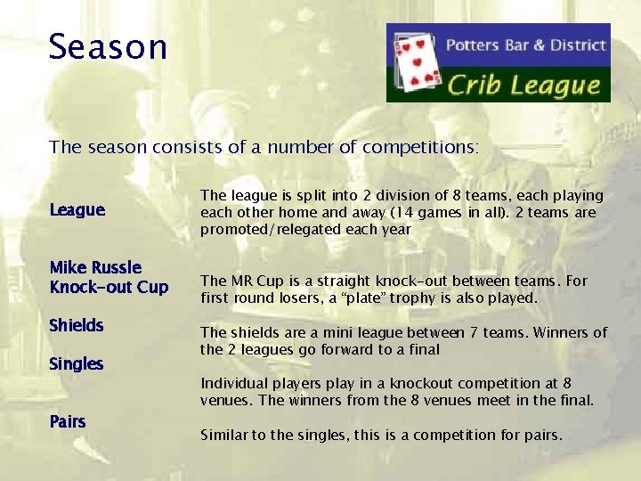 Season The season consists of a number of competitions: League Mike Russle Knock-out Cup