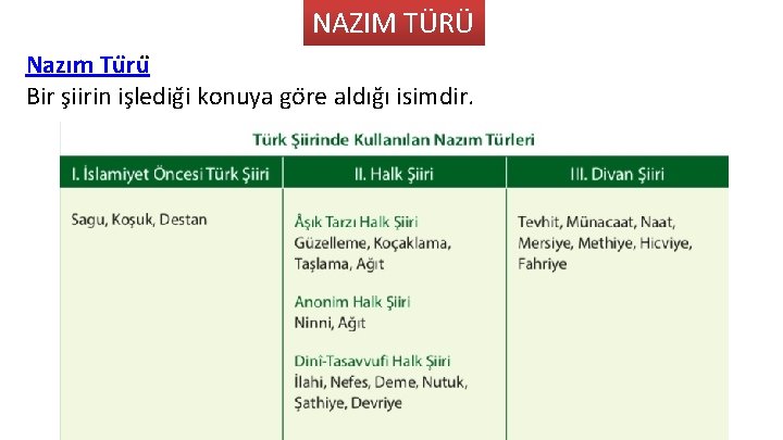 NAZIM TÜRÜ Nazım Tu ru Bir s iirin is ledig i konuya go re