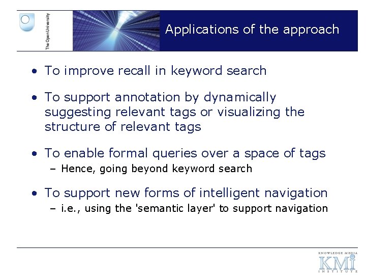 Applications of the approach • To improve recall in keyword search • To support