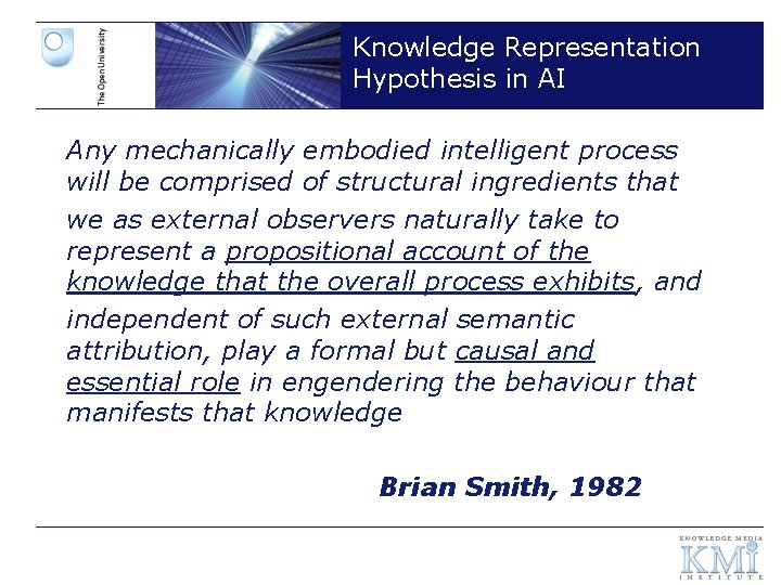 Knowledge Representation Hypothesis in AI Any mechanically embodied intelligent process will be comprised of