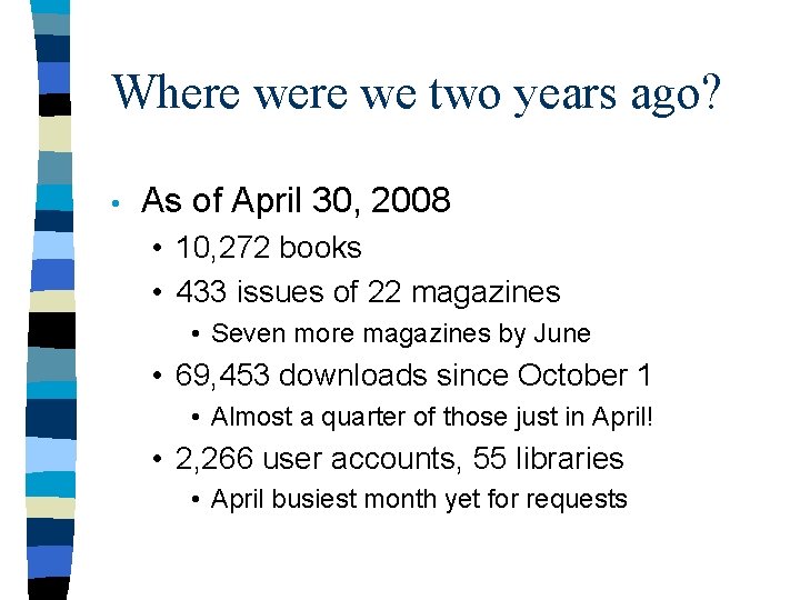 Where we two years ago? • As of April 30, 2008 • 10, 272