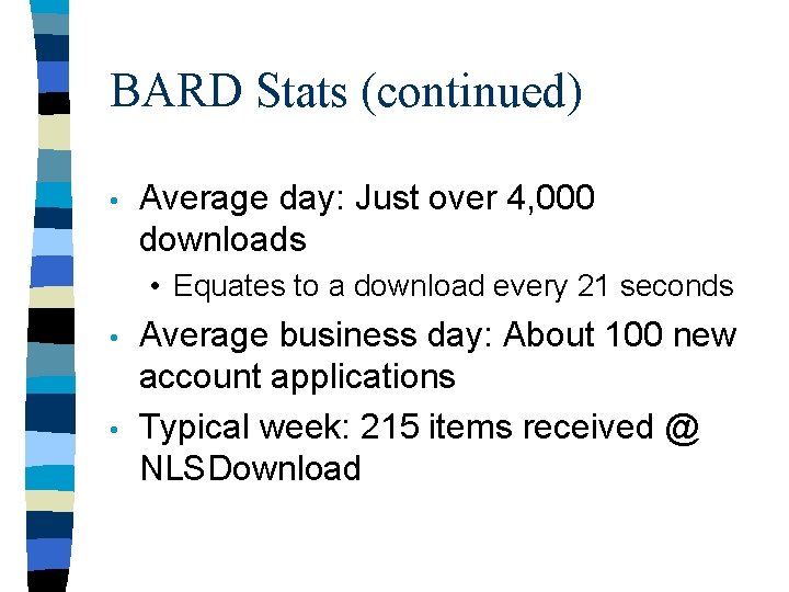 BARD Stats (continued) • Average day: Just over 4, 000 downloads • Equates to