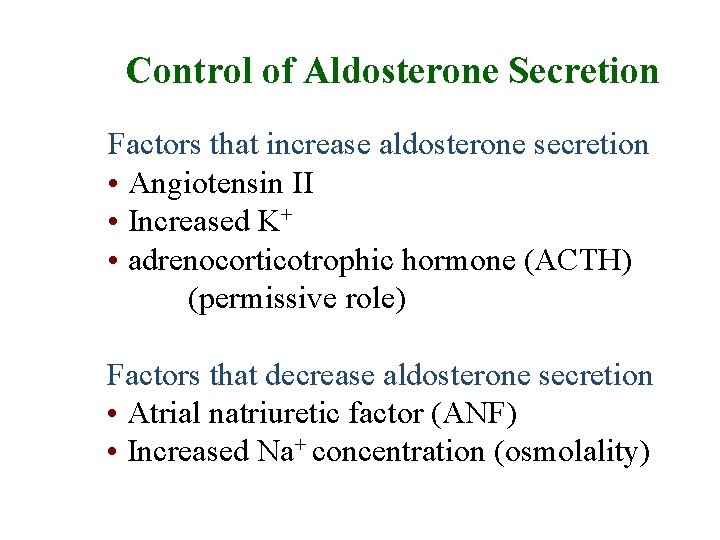 Control of Aldosterone Secretion Factors that increase aldosterone secretion • Angiotensin II • Increased