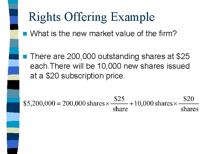 Rights Offering Example n What is the new market value of the firm? n