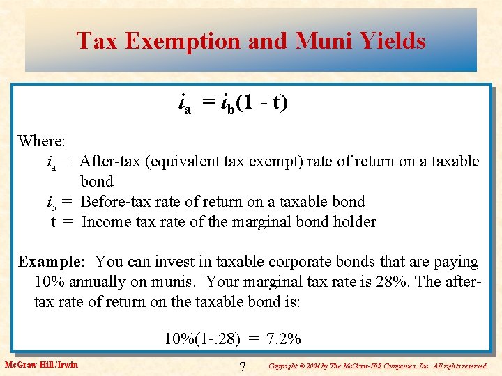 Tax Exemption and Muni Yields ia = ib(1 - t) Where: ia = After-tax