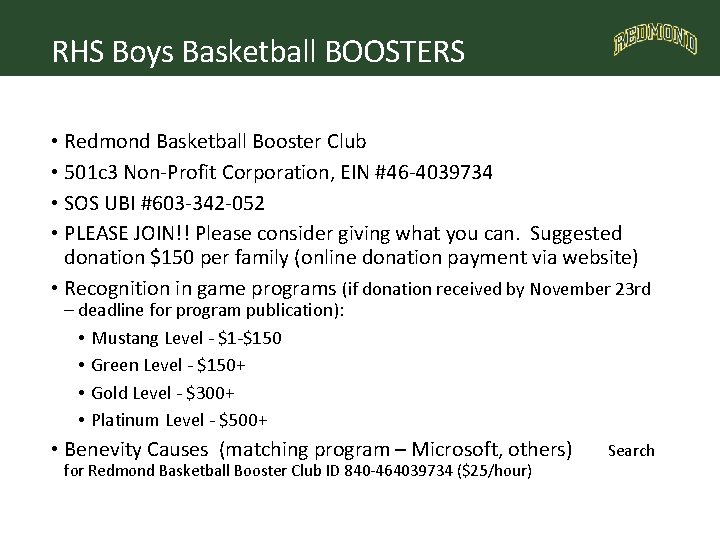 RHS Boys Basketball BOOSTERS • Redmond Basketball Booster Club • 501 c 3 Non-Profit