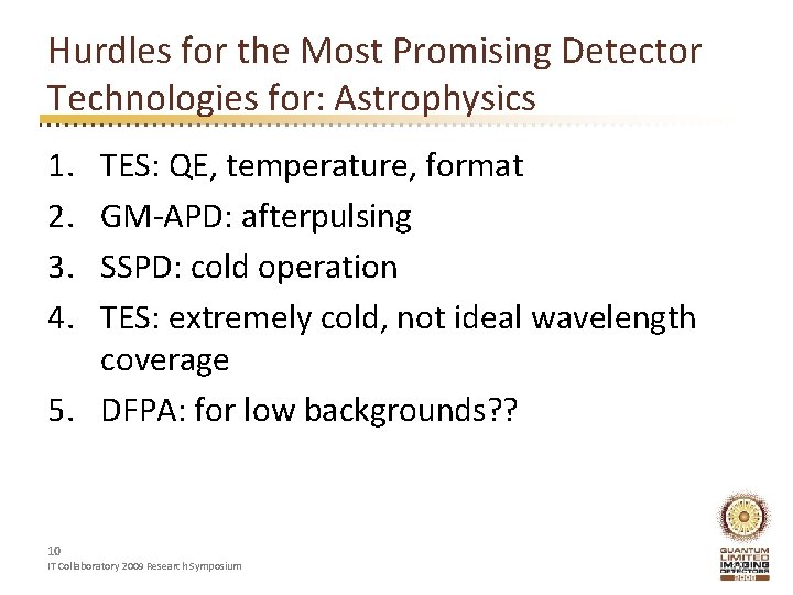 Hurdles for the Most Promising Detector Technologies for: Astrophysics 1. 2. 3. 4. TES: