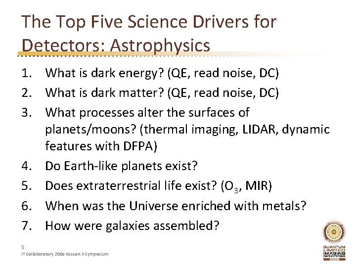 The Top Five Science Drivers for Detectors: Astrophysics 1. What is dark energy? (QE,