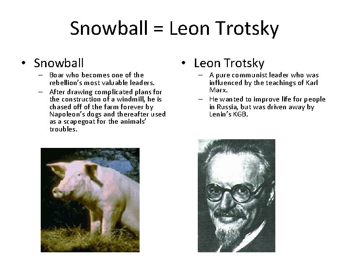 Snowball = Leon Trotsky • Snowball – Boar who becomes one of the rebellion’s