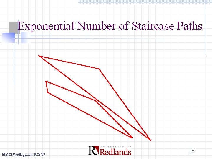 Exponential Number of Staircase Paths MS-GIS colloquium: 9/28/05 17 