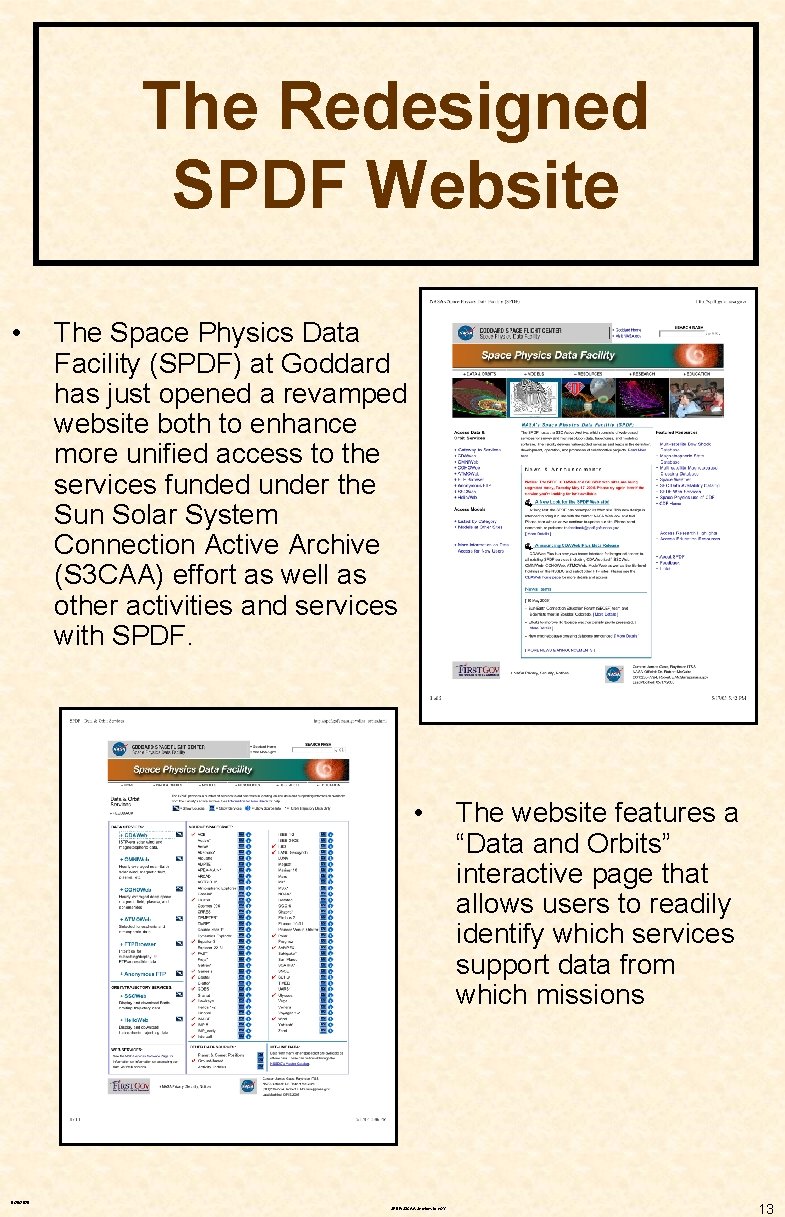 The Redesigned SPDF Website • The Space Physics Data Facility (SPDF) at Goddard has