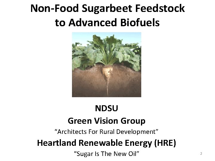 Non-Food Sugarbeet Feedstock to Advanced Biofuels NDSU Green Vision Group “Architects For Rural Development”