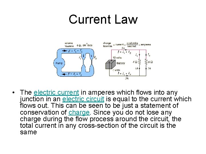 Current Law • The electric current in amperes which flows into any junction in