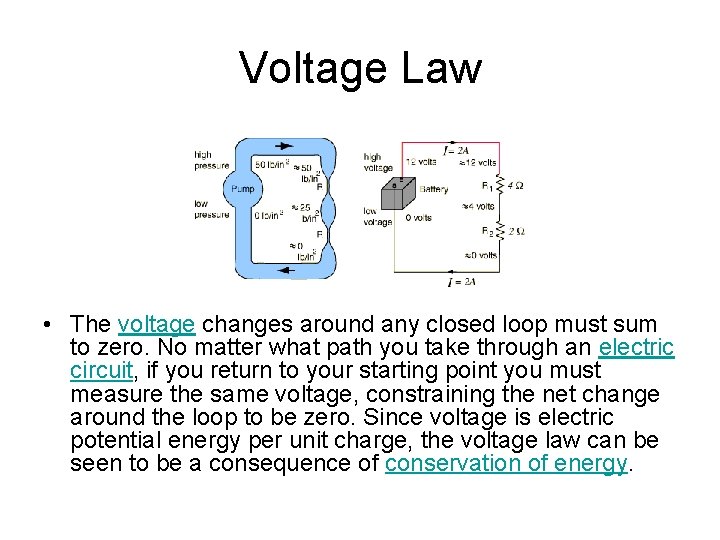 Voltage Law • The voltage changes around any closed loop must sum to zero.