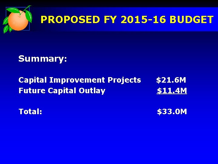 PROPOSED FY 2015 -16 BUDGET Summary: Capital Improvement Projects Future Capital Outlay $21. 6
