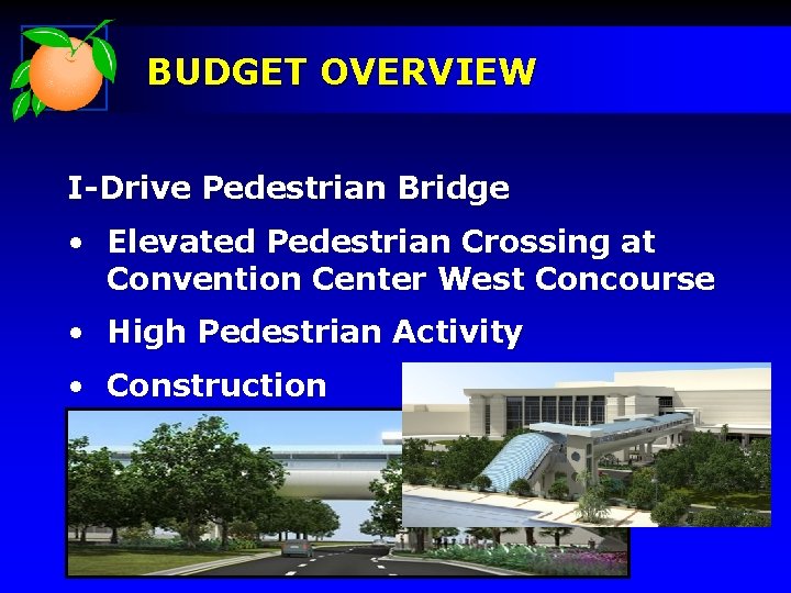 BUDGET OVERVIEW I-Drive Pedestrian Bridge • Elevated Pedestrian Crossing at Convention Center West Concourse