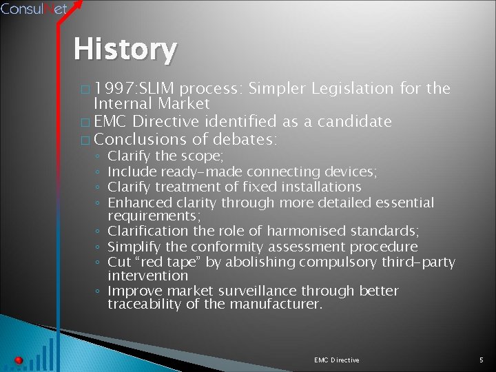 History � 1997: SLIM process: Simpler Legislation for the Internal Market � EMC Directive