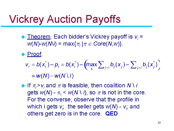 Vickrey Auction Payoffs u Theorem. Each bidder’s Vickrey payoff is vi = w(N)-w(Ni) =