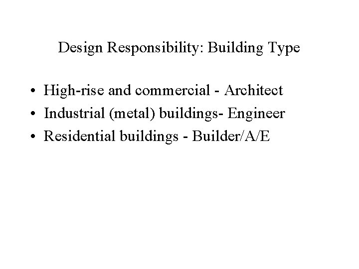 Design Responsibility: Building Type • High-rise and commercial - Architect • Industrial (metal) buildings-