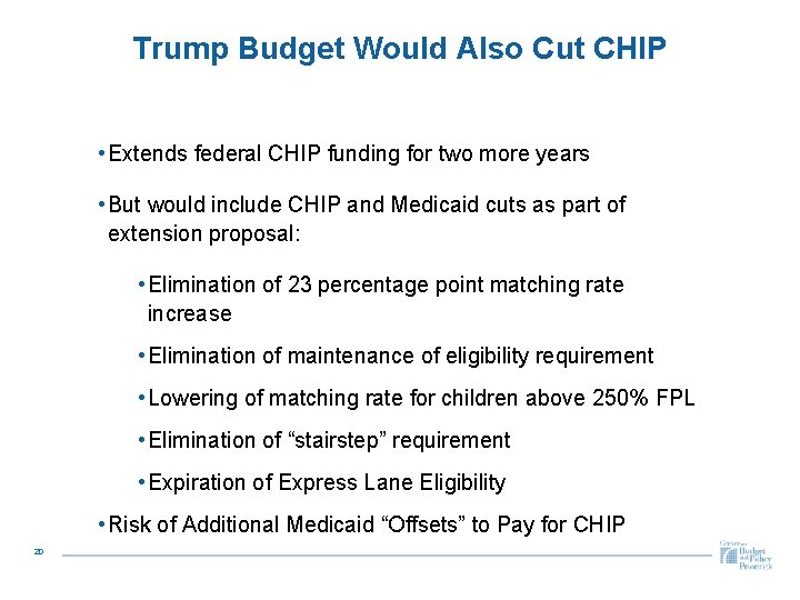 Trump Budget Would Also Cut CHIP • Extends federal CHIP funding for two more