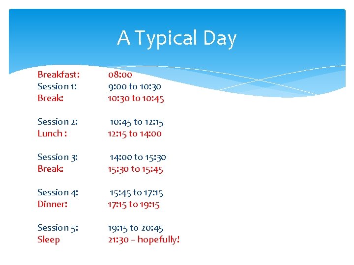 A Typical Day Breakfast: Session 1: Break: 08: 00 9: 00 to 10: 30
