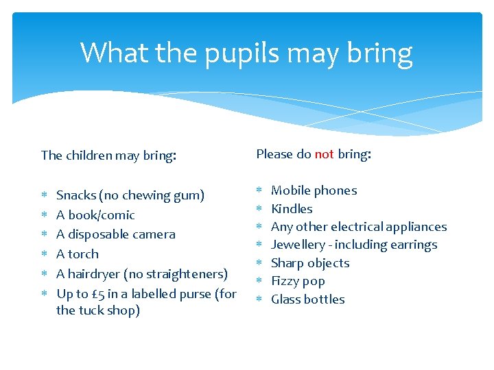 What the pupils may bring The children may bring: Snacks (no chewing gum) A