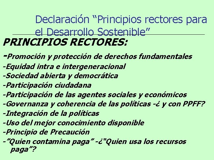 Declaración “Principios rectores para el Desarrollo Sostenible” PRINCIPIOS RECTORES: -Promoción y protección de derechos