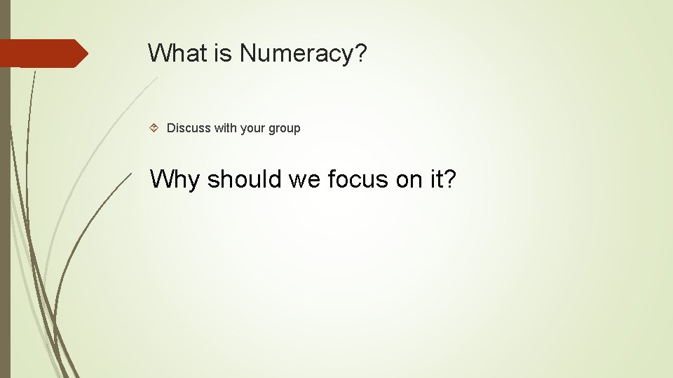 What is Numeracy? Discuss with your group Why should we focus on it? 