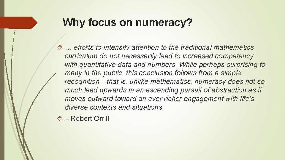 Why focus on numeracy? … efforts to intensify attention to the traditional mathematics curriculum