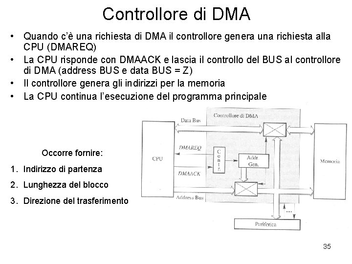 Controllore di DMA • Quando c’è una richiesta di DMA il controllore genera una