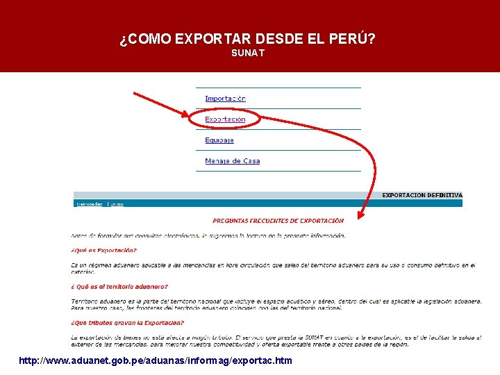 ¿COMO EXPORTAR DESDE EL PERÚ? SUNAT http: //www. aduanet. gob. pe/aduanas/informag/exportac. htm 