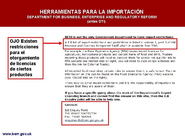 HERRAMIENTAS PARA LA IMPORTACIÓN DEPARTMENT FOR BUSINESS, ENTERPRISE AND REGULATORY REFORM (antes DTI) OJO