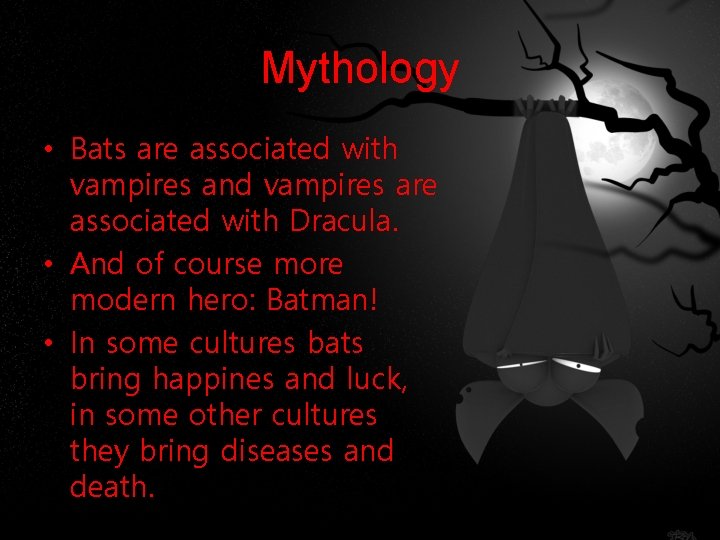 Mythology • Bats are associated with vampires and vampires are associated with Dracula. •