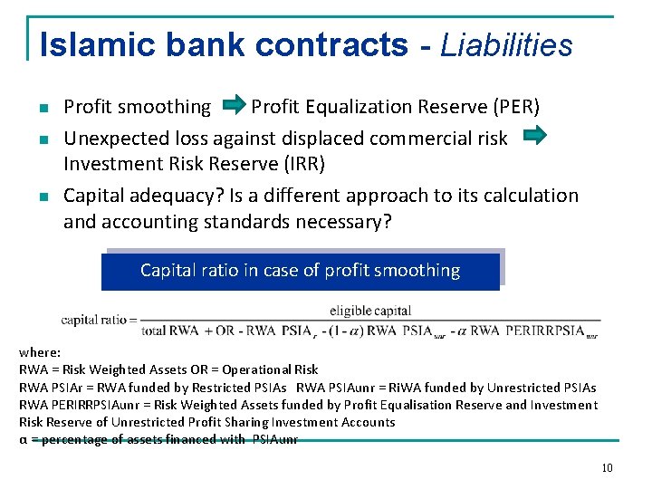 Islamic bank contracts - Liabilities n n n Profit smoothing Profit Equalization Reserve (PER)