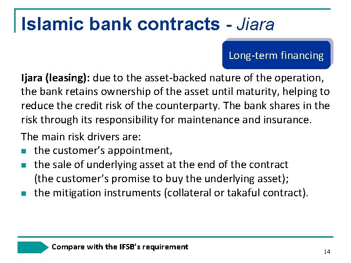 Islamic bank contracts - Jiara Long-term financing Ijara (leasing): due to the asset-backed nature