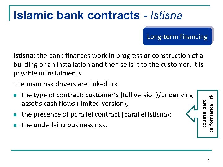 Islamic bank contracts - Istisna Long-term financing counterpart performance risk Istisna: the bank finances