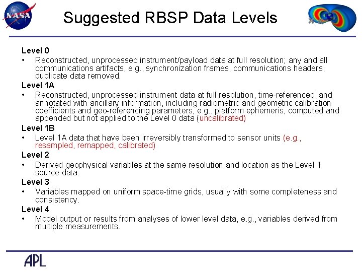 Suggested RBSP Data Levels Level 0 • Reconstructed, unprocessed instrument/payload data at full resolution;