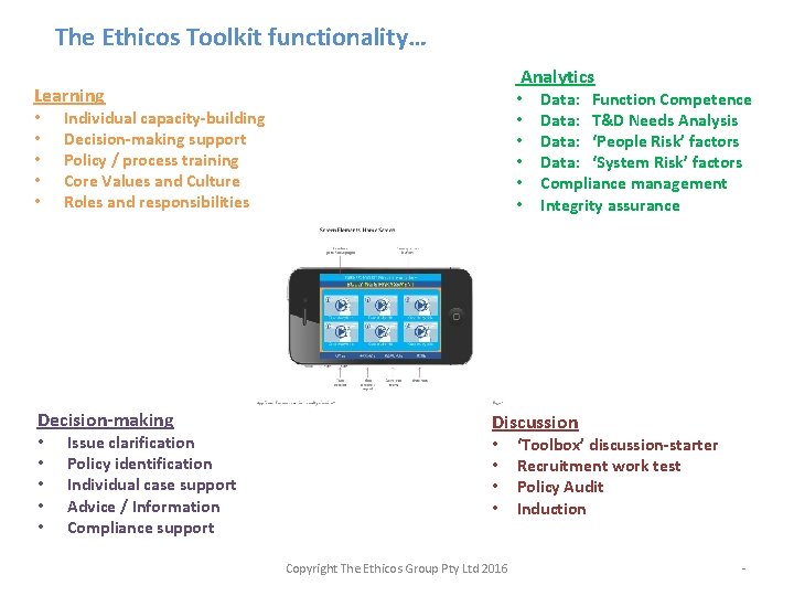 The Ethicos Toolkit functionality… Analytics Learning • • • Individual capacity-building Decision-making support Policy